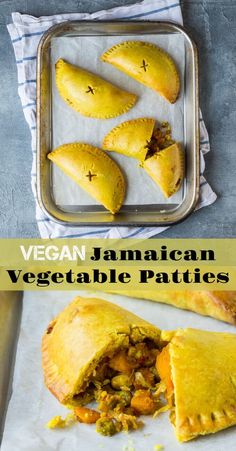 vegan jamaican vegetable patties in a baking pan with the title text overlay