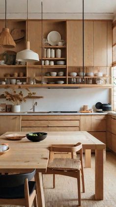 a kitchen with wooden cabinets and shelves filled with dishes