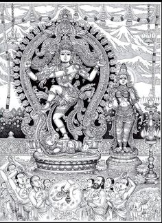 an intricately detailed drawing of hindu deities in black and white, depicting the birth of lord ganesha