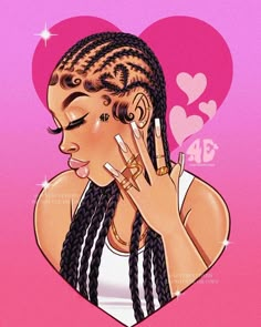 a drawing of a woman with braids holding her hand up to her face