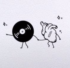 a drawing of a vinyl record being held by a hand with an object in it