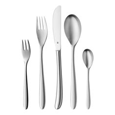 an assortment of utensils including spoons, forks and knives on a white background