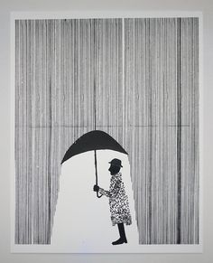 a drawing of a person holding an umbrella in front of vertical lines on the wall