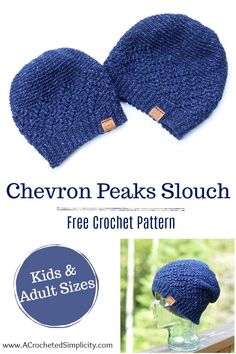 the chevron peaks slouch hat is knitted in blue yarn