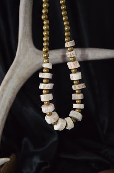 Antler and Brass necklace Rustic Large Beads For Gifts, Rustic Large Beads Jewelry As Gift, Rustic Round Bead Necklace For Gifts, Rustic Round Beads Necklace As Gift, Rustic Beaded Necklaces For Gifts, Dear Antler, Deer Horn Ideas, Colonial Crafts