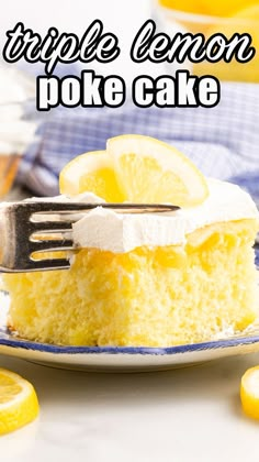 a piece of lemon poke cake on a plate with a fork