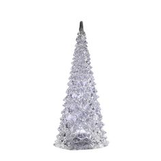 a small white christmas tree with clear lights