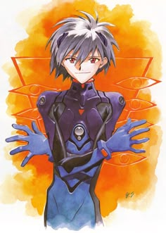 an anime character with his arms out in front of orange and blue watercolors