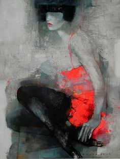 a painting of a woman in red and black