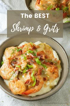 shrimp and grits in a bowl with text overlay