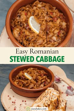 an easy and tasty recipe for stewed cabbage in a clay bowl with lemon wedges on the side