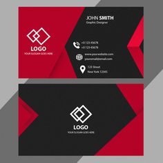 a business card with red and black geometric shapes on the front, side and back