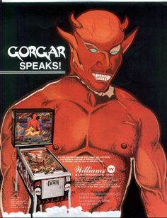 an advertisement for the video game'gorgor speaks'featuring a demon with his chest