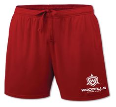 a red soccer shorts with the word woodhills on it and a shield logo