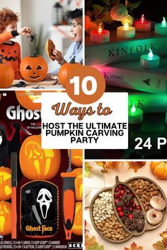 halloween party flyer with pumpkins, candles and other items in front of the image