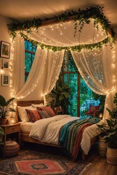 a bedroom decorated with lights and plants on the ceiling, bed in front of a window