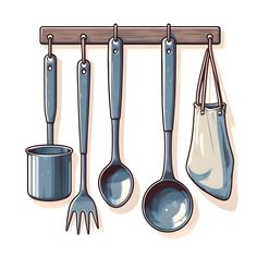 kitchen utensils hanging on the wall with pots and pans attached to it