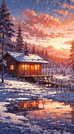 a painting of a cabin in the snow