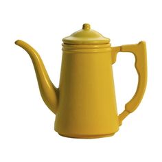 a yellow teapot with a lid on it's side, sitting in front of a white background