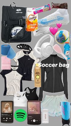 the contents of a soccer bag laid out on a gray background with text overlay