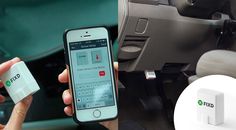 a person is holding an iphone in their hand and there are two pictures of the inside of a car