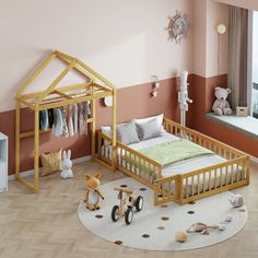 a child's bedroom with pink walls and wooden furniture, including a baby crib