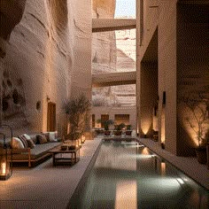 an indoor swimming pool surrounded by stone walls and flooring with lights on the side