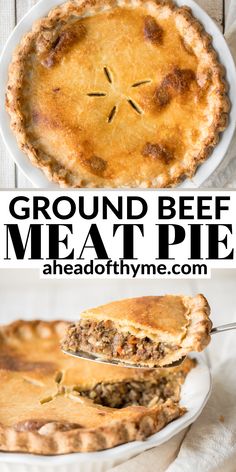 ground beef meat pie on a plate with text overlay