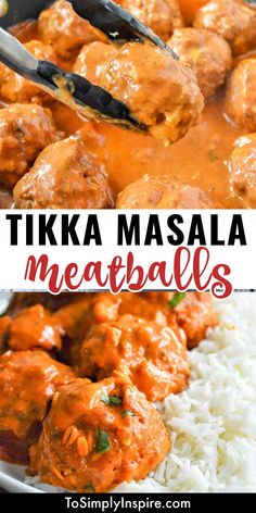 a plate full of meatballs and rice with the words tikka masala meatballs