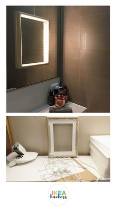 two pictures of a bathroom with the lights on and the mirror in front of it