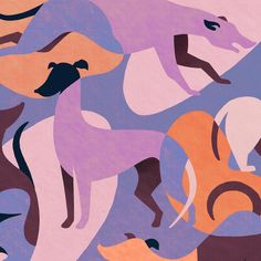 an abstract painting of dogs in various colors