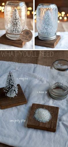 snow covered glass jars sitting on top of wooden coasters