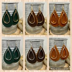 "Handmade, genuine leather charm teardrop earrings measuring Aprox 2\" long in a variety of colors and metal color options either tools or silver. Available options are: Weathered brown leather teardrop earrings with coordinating charm in silver or gold Camel, cognac teardrop earrings with coordinating charm in silver or gold Hunter green, Forrest green teardrop earrings with coordinating charm in silver or gold Teardrop earrings, gold earrings, silver earrings, fall earrings, camel earrings, co Leather Jewelry Diy, Diy Leather Earrings, Brown Earrings, Large Necklace, Glitter Earrings, Fall Earrings, Custom Earrings, Earrings Inspiration, Fall Jewelry