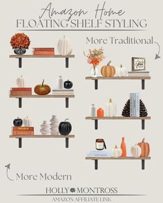 shelves with pumpkins, books and other items on them are featured in this ad