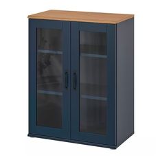 a blue cabinet with two glass doors