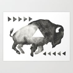 a drawing of a bison with triangles on it's back and an arrow in the middle