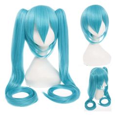 Anime Vocaloid Miku Hatsune 120 Cm Wigs Cosplay Halloween Party Wig Prop Miku Cosplay Wig, Hatsune Miku Cosplay, Silver Wigs, Bleached Tips, Two Ponytails, Double Ponytail, Miku Cosplay, Ponytail Wig, Straight Ponytail