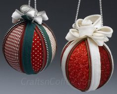 two red and green ornaments with bows on them