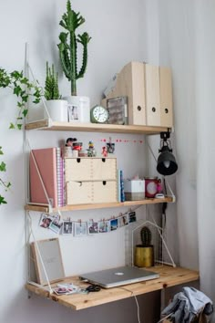 a wooden desk topped with a laptop computer next to a potted plant and bookshelf