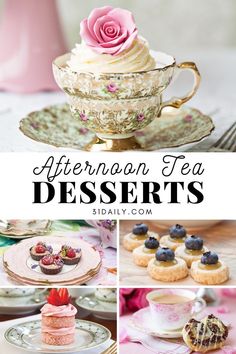 afternoon tea desserts collage with pink roses and cupcakes on saucers