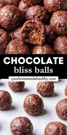 Chocolate bliss balls stacked on each other. One with a bite taken out. Chocolate Bliss Balls Healthy, Easy Bliss Balls, Gluten Free Bliss Balls, Chocolate Bliss Balls, Healthy Chocolate Balls, Healthy Chocolate Snacks Easy, Bliss Balls Recipe, Chocolate Healthy Snacks, Chocolate Oat Balls