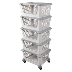 three white plastic baskets stacked on top of each other with wheels and four bins