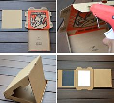 four different pictures showing how to make a cardboard box with scissors and glue on it