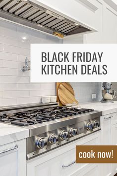 a kitchen stove with the words black friday kitchen deals on it and an image of a wooden cutting board