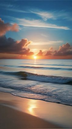 the sun is setting over the ocean with clouds in the sky and waves on the beach