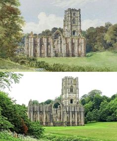 Fountains Abbey in North Yorkshire painted in (1912) compared to how it appears today (2024) : r/OldPhotosInRealLife Fountains Abbey, North Yorkshire, Yorkshire