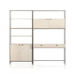 an open shelving unit with drawers and cupboards on the bottom shelf, against a white background