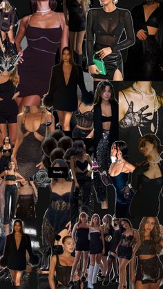 a collage of women in black outfits