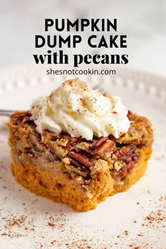 a piece of pumpkin spice cake on a white plate with a fork and the words, let's make pumpkin spice dump cake