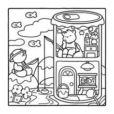 a black and white drawing of a bear playing in a toy house with other animals